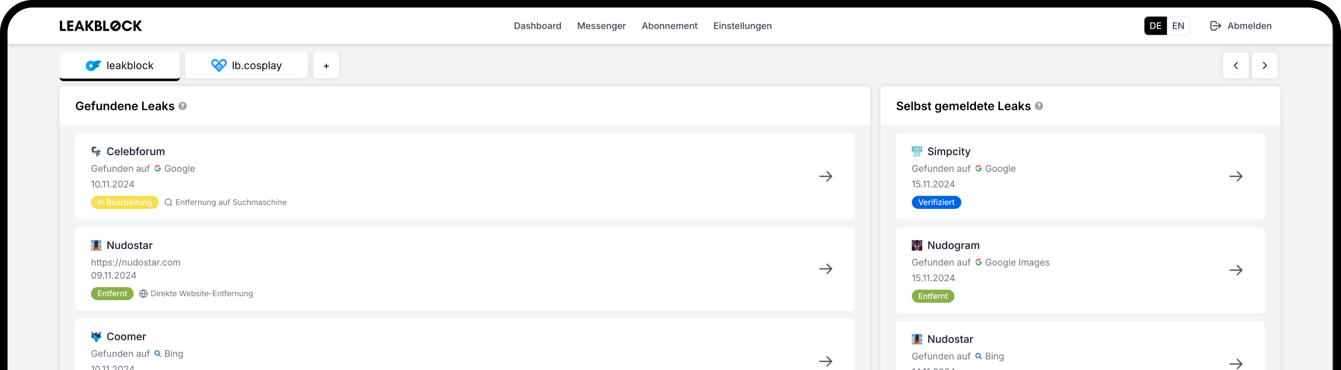 Image of the LEAKBLOCK application dashboard